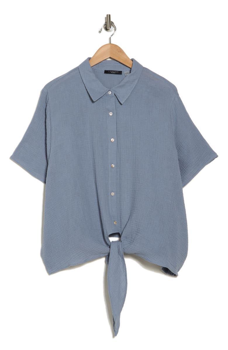 T Tahari Short Sleeve Gauze Tie Camp Shirt, Alternate, color, Mid Steel Blue