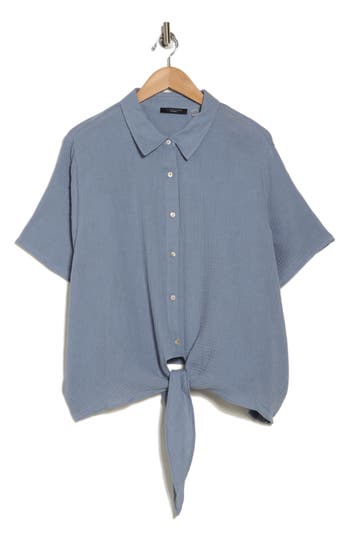 T Tahari Short Sleeve Gauze Tie Camp Shirt In Mid Steel Blue