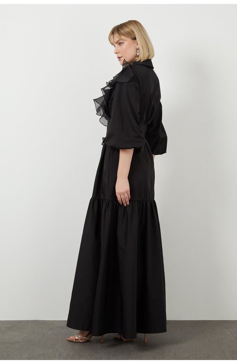 Gizia Ruffle Detail Three-Quarter Sleeve Long Black Dress, Alternate, color, Black