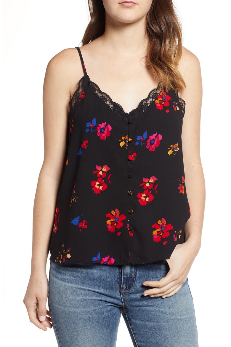 Print Lace Trim Camisole, Main, color, BLACK FLAT FLORAL