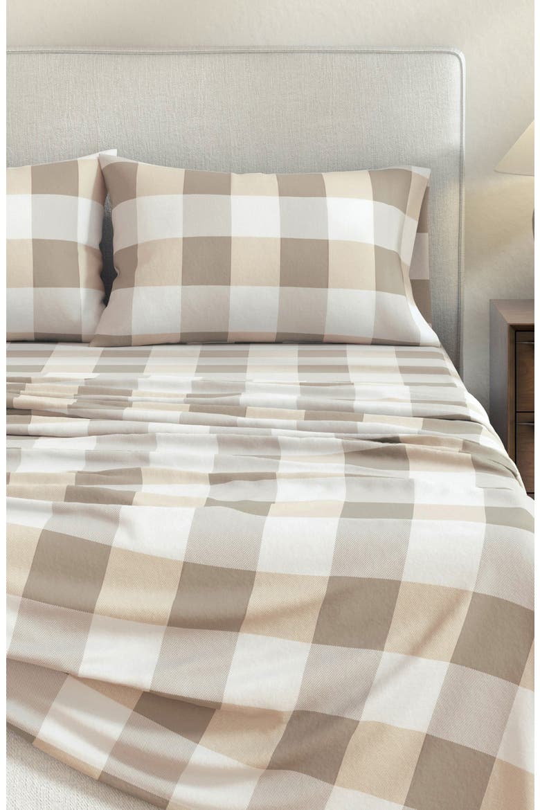 Turkish Cotton Flannel Plaid Sheet Set, Alternate, color, SOFT TAUPE / PALE GREY