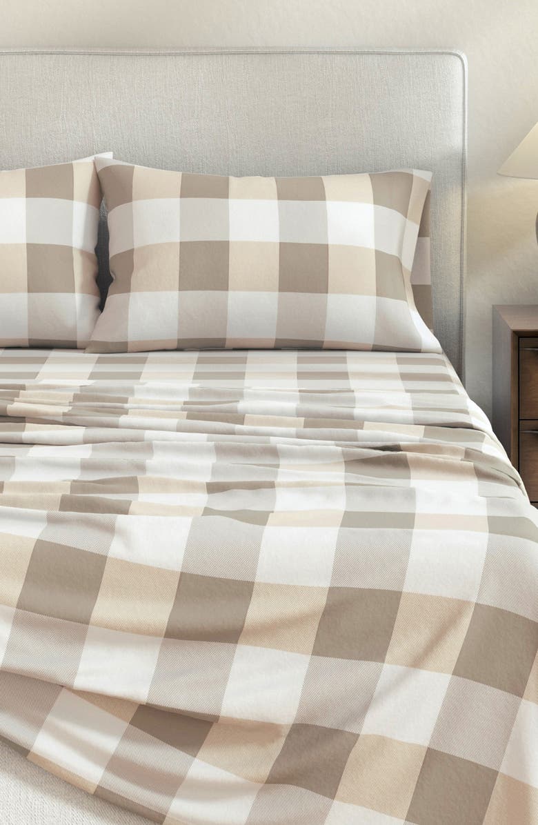 Woven & Weft Turkish Cotton Flannel Plaid Sheet Set, Alternate, color, Soft Taupe / Pale Grey