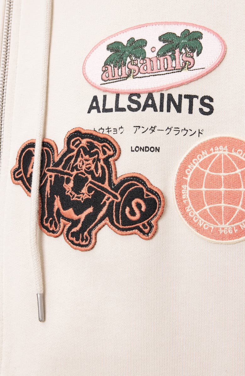 AllSaints Patcher Graphic Cotton Zip Front Hoodie, Alternate, color, Dusk White