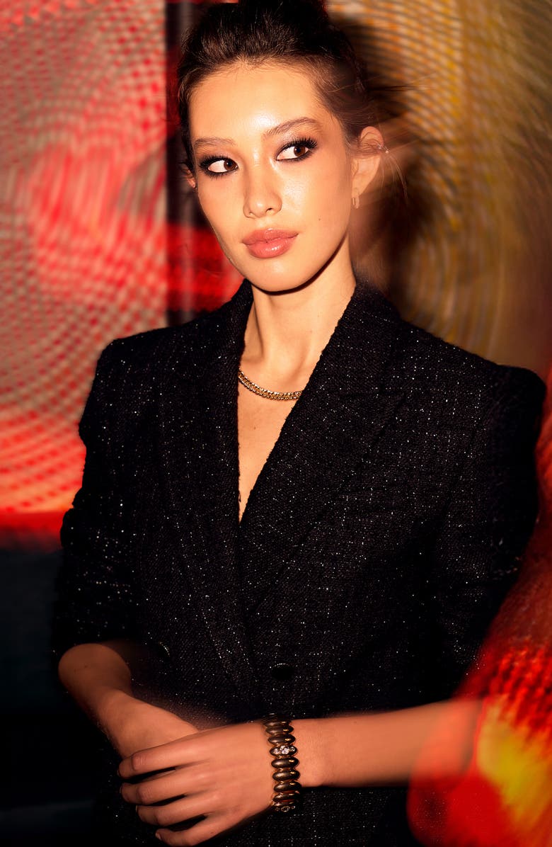 Open Edit Crop Double Breasted Tweed Blazer, Alternate, color, Black