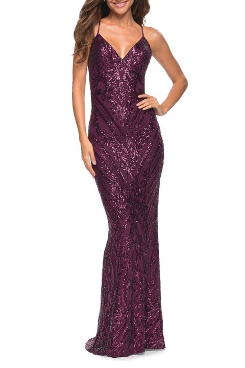 Print Sequin Gown in Jewel Tones with V Neckline