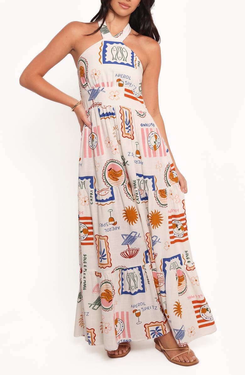 Petal & Pup Jelena Printed Maxi Halter Dress, Main, color, Ocean Oasis