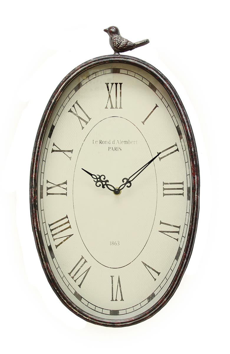STRATTON HOME DECOR Gunmetal Antique Oval Bird Clock, Main, color, 