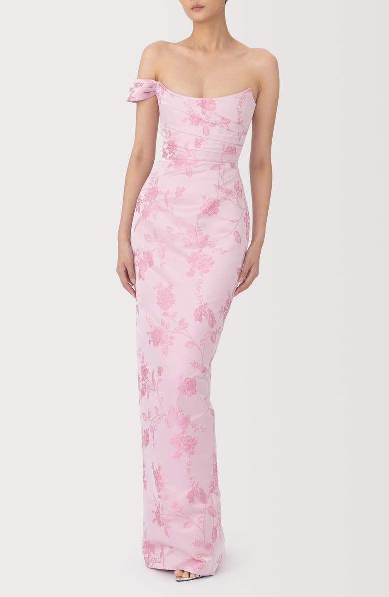 SAU LEE Jackson Metallic Floral Brocade Cateye Strapless Gown, Alternate, color, Pink Rococo