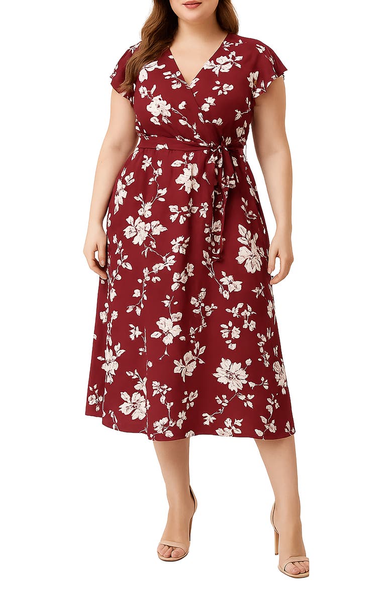 Floral Wrap Bodice Midi Dress, Main, color, RED