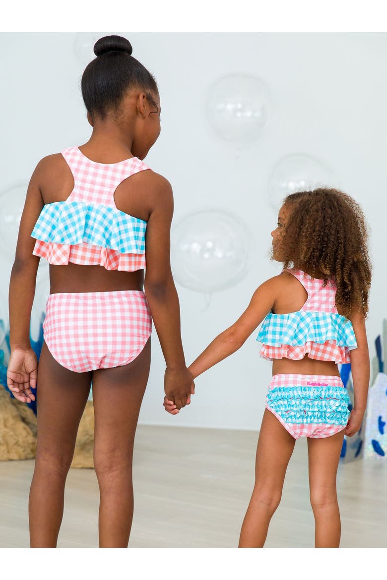 Girls Flounce Bikini, Alternate, color, Seaside Gingham Color Block