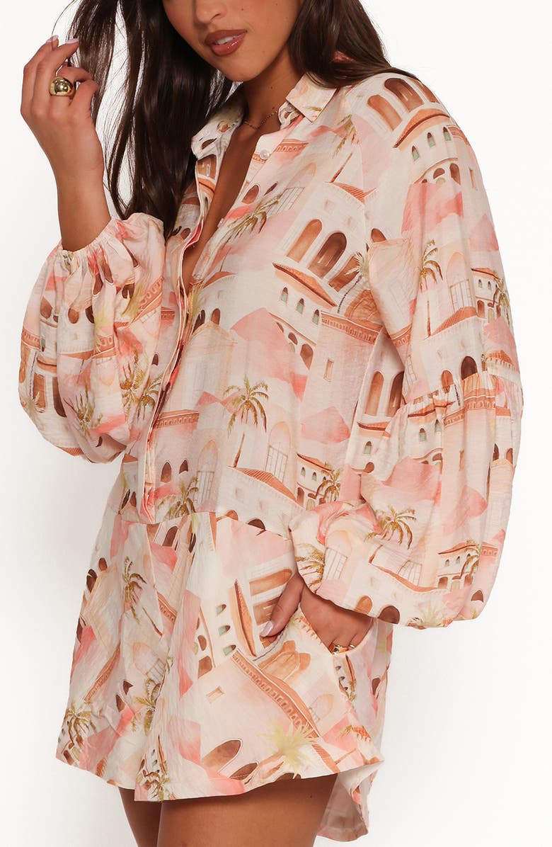Petal & Pup Cowper Landscape Print Long Sleeve Romper, Alternate, color, Tan Print