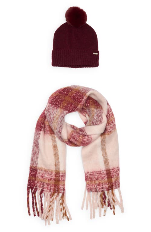 Steve Madden Plaid Tinsel Scarf & Beanie Gift Set In Burgundy