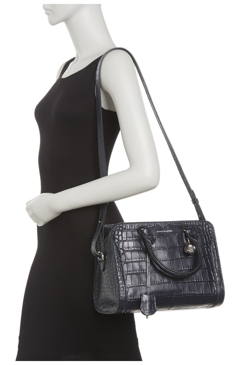 McQueen Croc Embossed Leather Small Zip Shoulder Bag, Alternate, color,