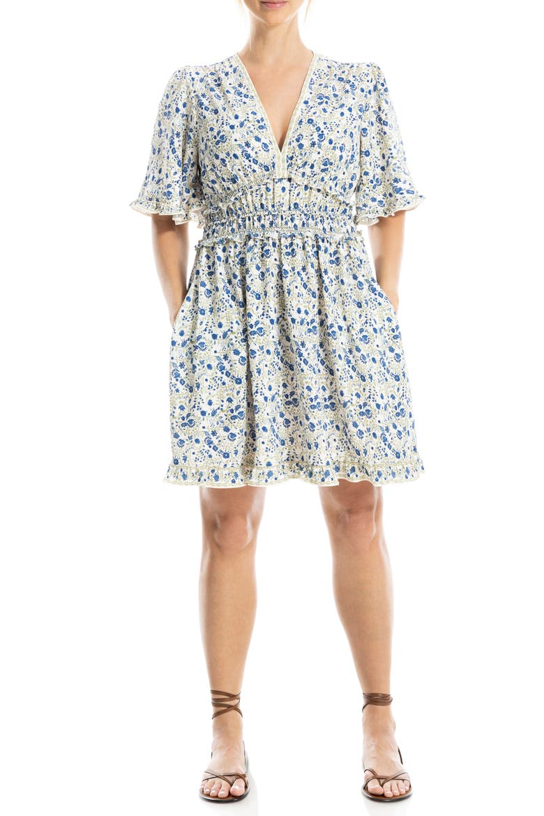 Ruffle Short Sleeve Fit & Flare Dress, Alternate, color, CREAM/ BLUE WHIMSICAL PETALS