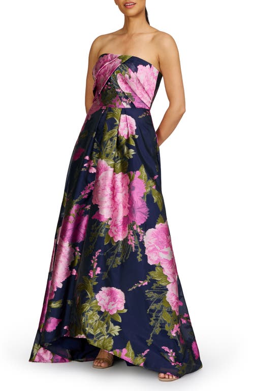 Kay Unger Holly Floral Print Strapless Gown In Azalea Pink