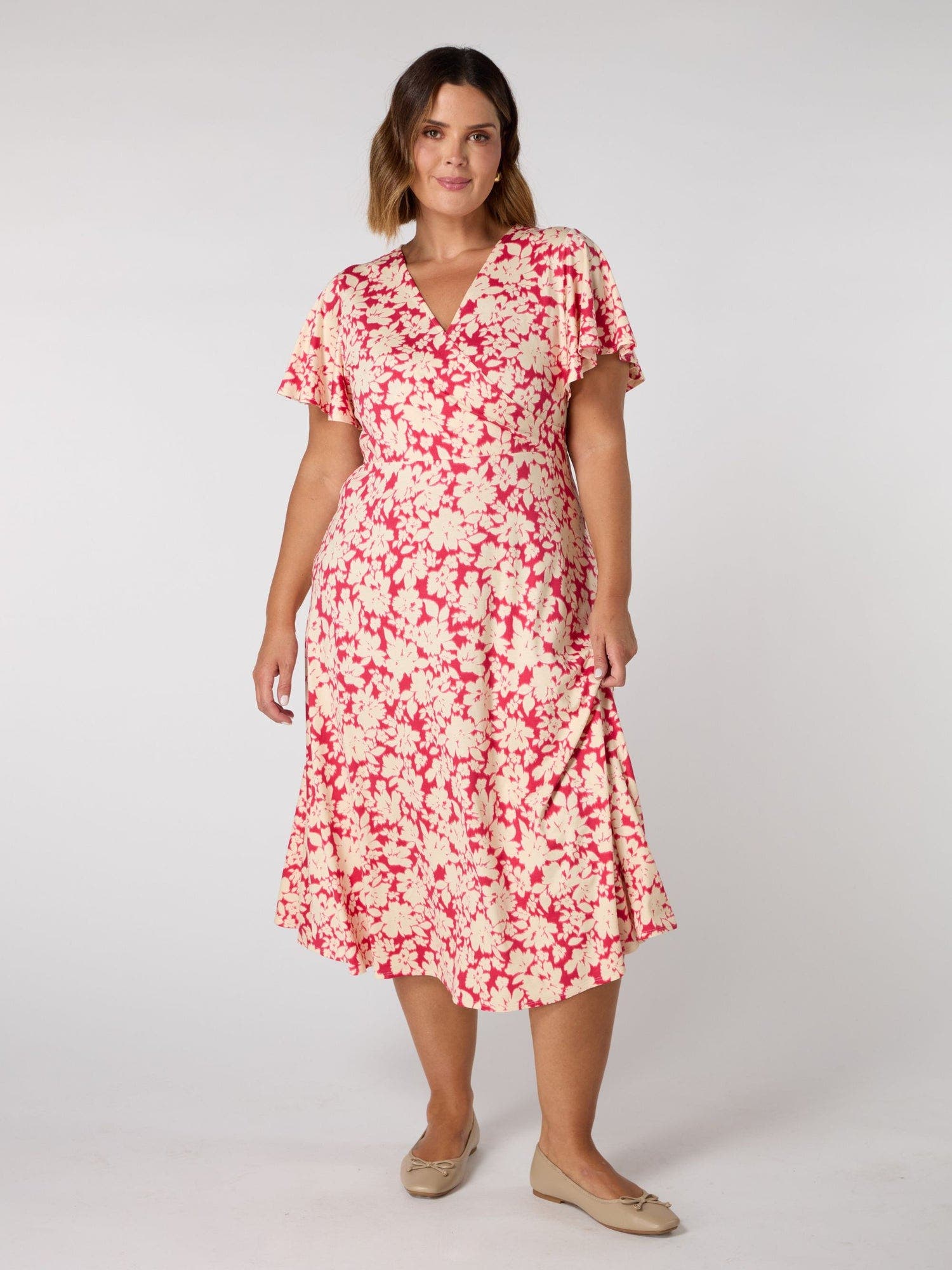 Floral Print Flutter Sleeve Wrap Dress