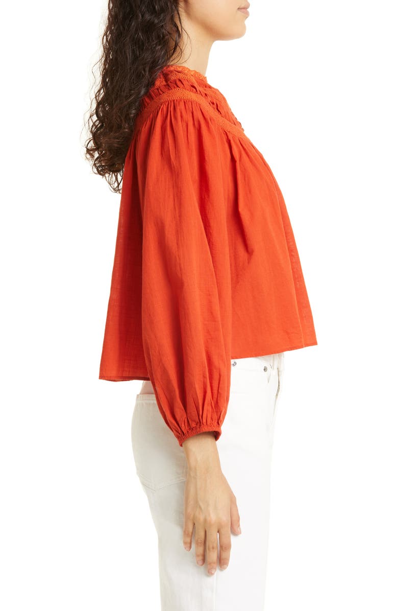 THE GREAT. The Picturesque Lace Yoke Top, Alternate, color, Tabasco