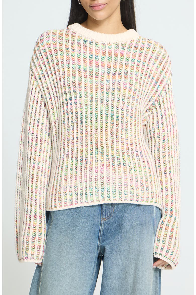Ihanila Rib Crewneck Sweater, Main, color, CLOUD DANCER W MULTICOLOR
