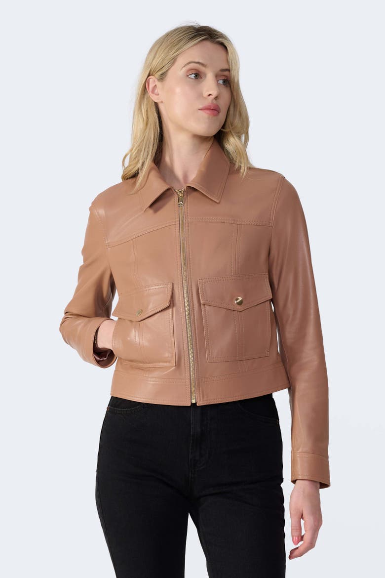 Flora Leather Jacket, Main, color, Mocha Brown