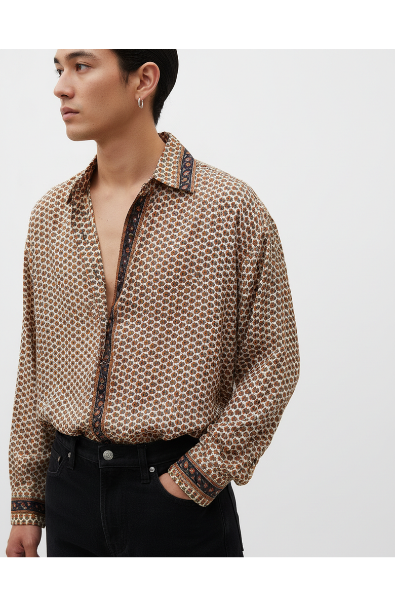 Monzlapur Embossed Botanical Long Sleeve Crepe Shirt, Main, color, Copper Blue