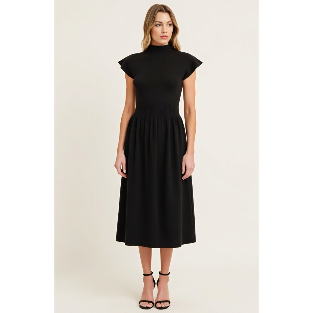 Modenaire Scallop Edge Mock Neck Sleeveless Knit Midi Dress With Flared Skirt
