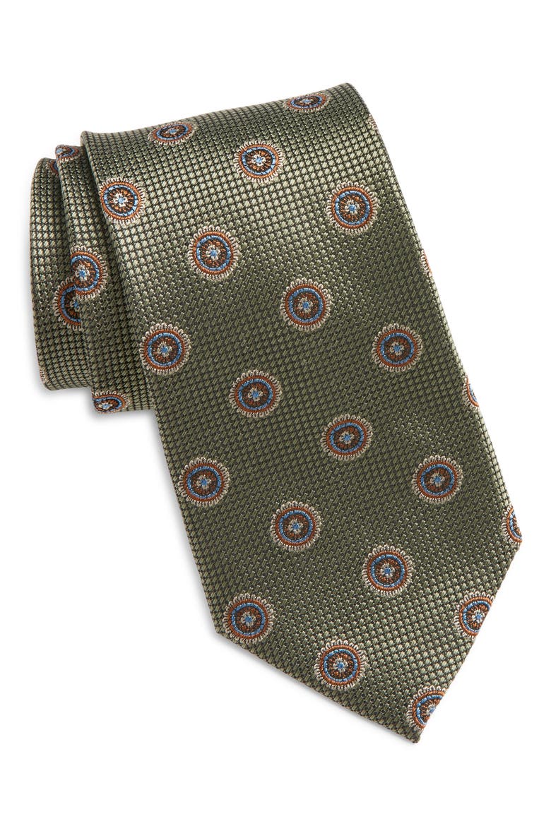 Medallion Silk Tie, Main, color, OLIVE