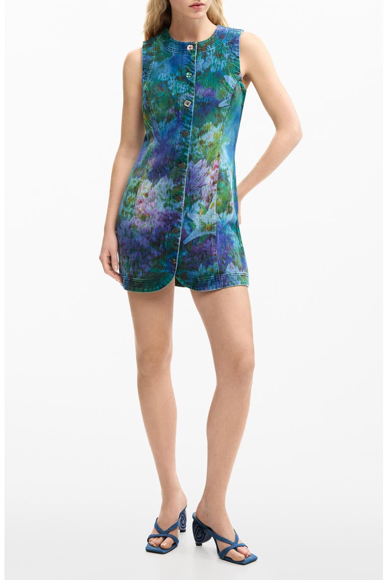 Floral Print Denim Minidress, Main, color, DARK BLUE