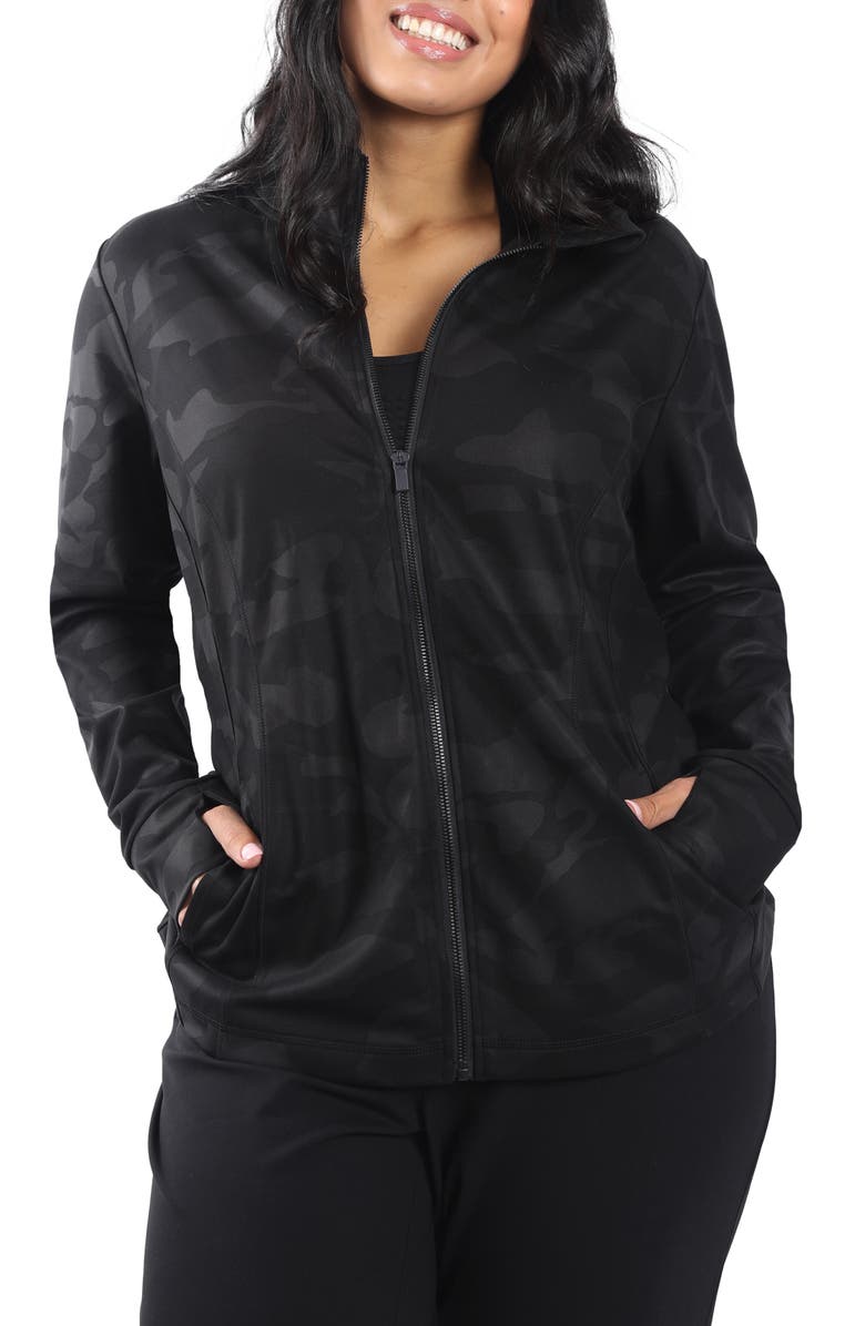 90 DEGREE BY REFLEX Camo Print Thumbhole Zip Front Jacket, Main, color, 