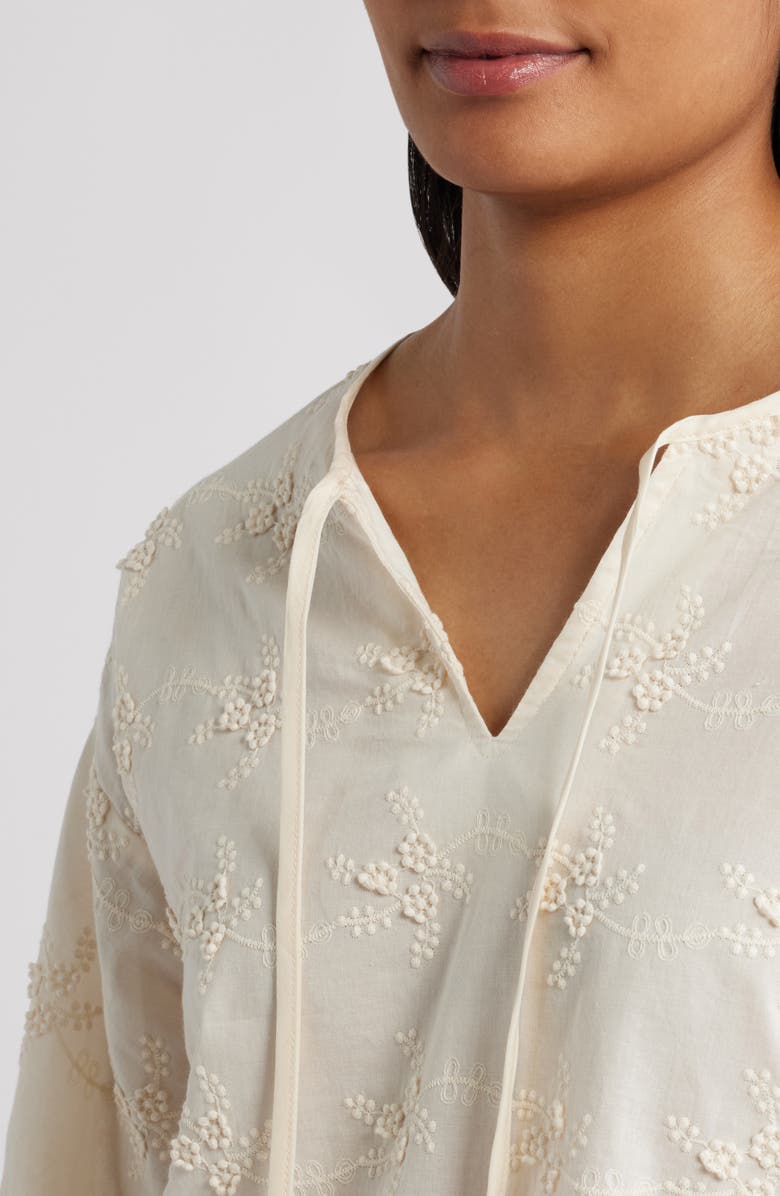 Bobeau Balloon Sleeve Tie Neck Cotton Top, Alternate, color, Cream