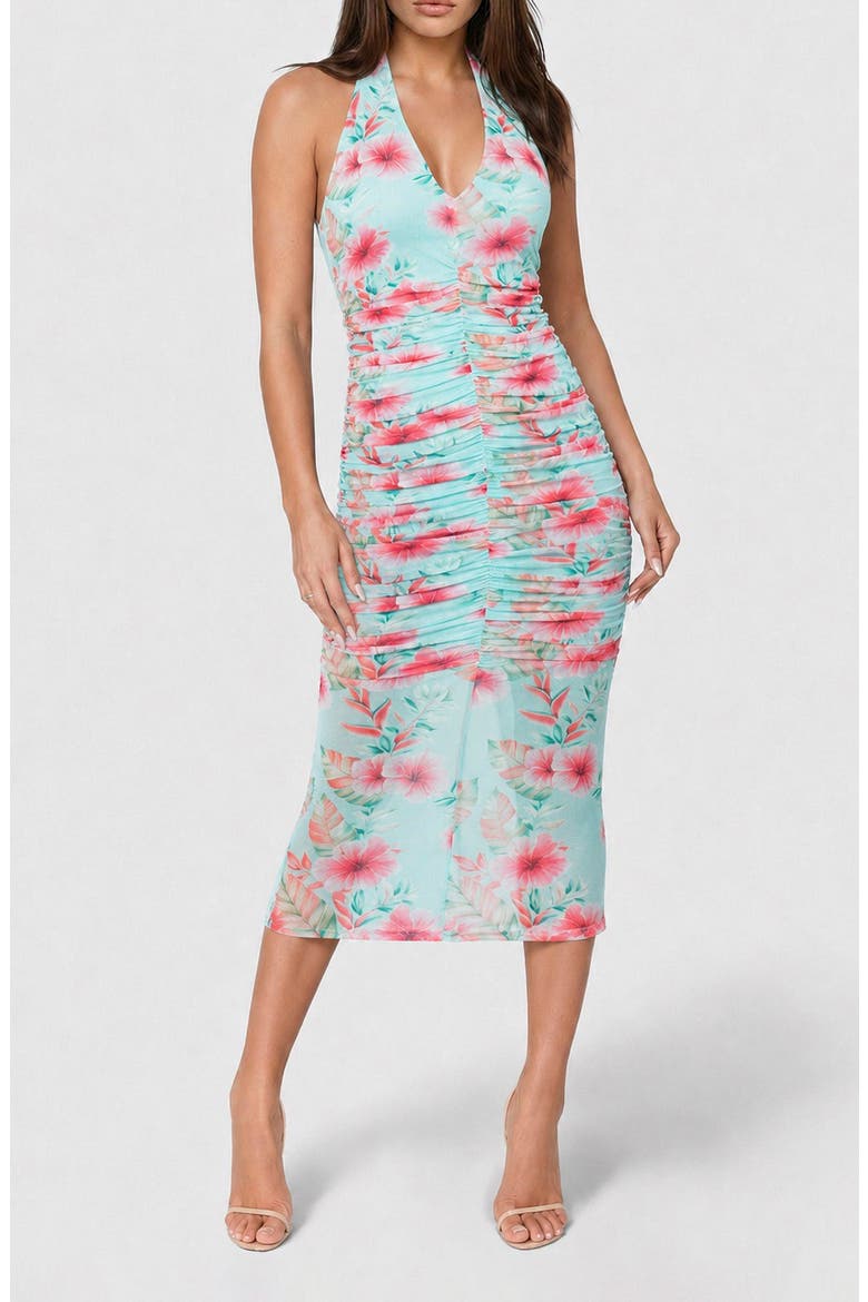 Shirred Polka Dot Mesh Halter Midi Dress, Main, color, BLUE FLORAL