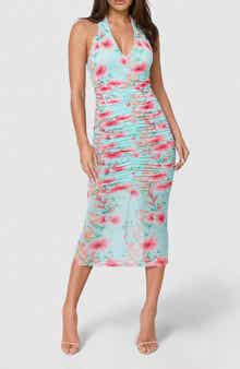 Shirred Polka Dot Mesh Halter Midi Dress