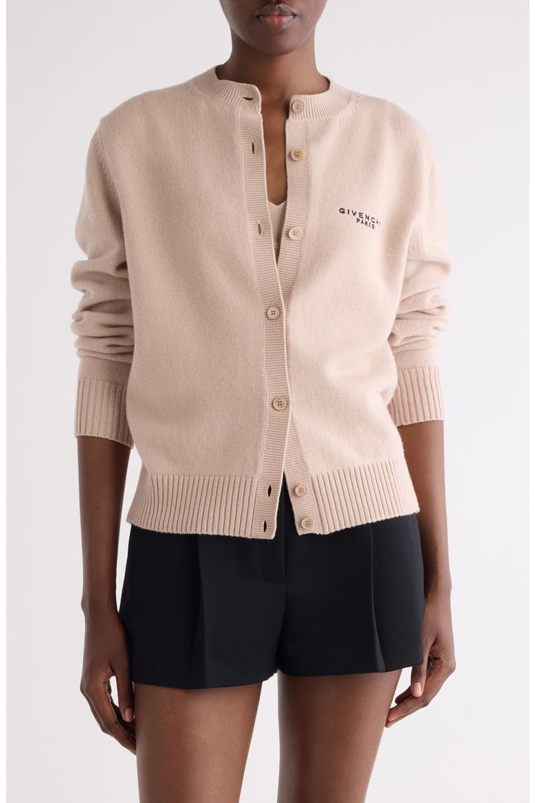 Embroidered Logo Wool & Cashmere Cardigan, Main, color, LIGHT PINK