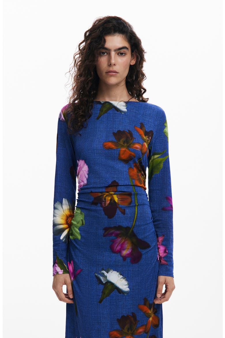 Floral Print Ruched Long Sleeve Maxi Dress, Alternate, color, DARK BLUE