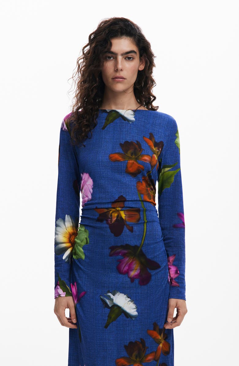 Desigual Floral Print Ruched Long Sleeve Maxi Dress, Alternate, color, Dark Blue