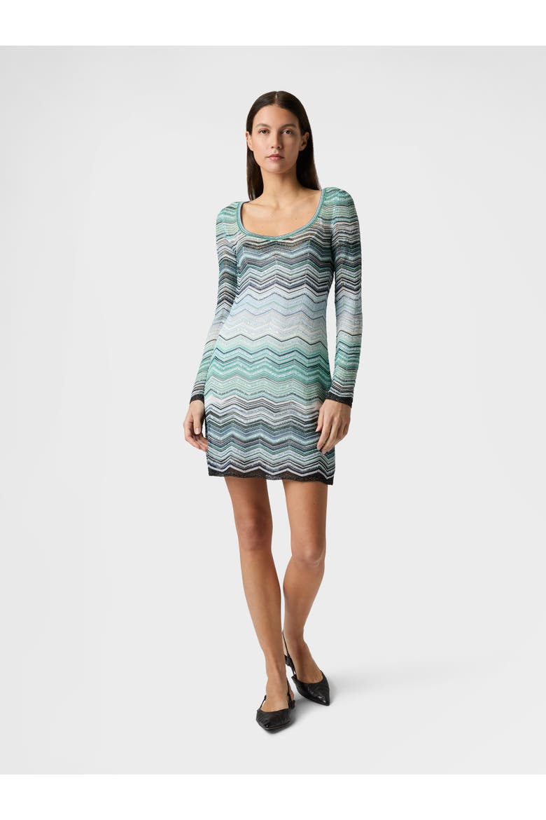 Mini Dress In Viscose Chevron Lamé With Sequins, Alternate, color, Turquoise