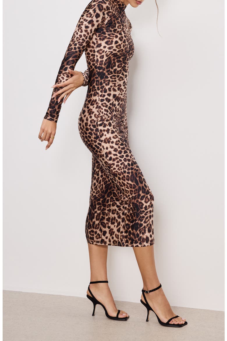 Funnel Neck Long Sleeve Body-Con Midi Dress, Alternate, color, FIERCE LEOPARD001