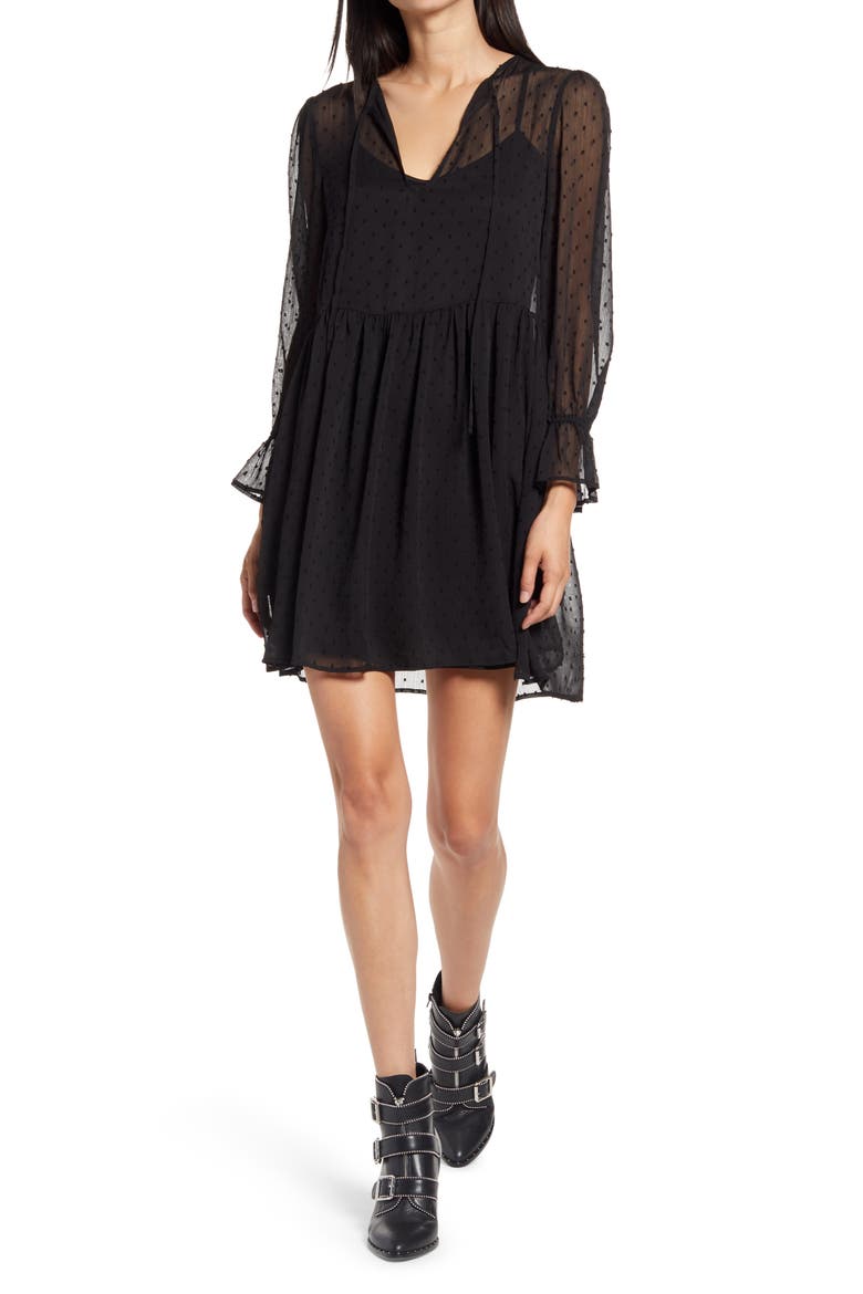 Long Sleeve Swiss Dot Minidress, Main, color, BLACK