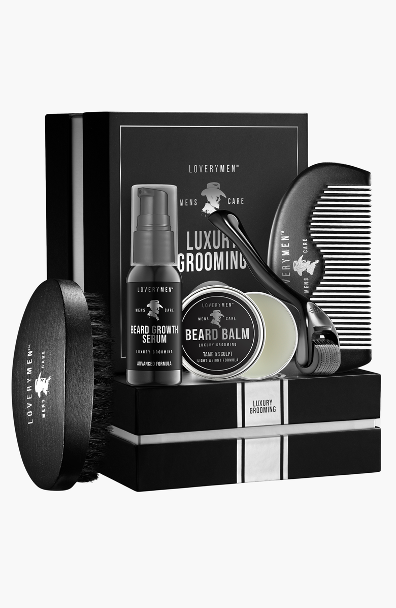 Lovery 5 Piece Beard Growth Kit with Growth Serum, Balm, Derma Roller, Comb, Brush, Main, color, NO COLOR