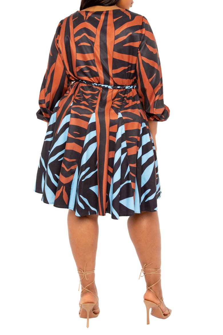 Bishop Sleeve Belted Fit & Flare Dress, Alternate, color, BROWN MULTI
