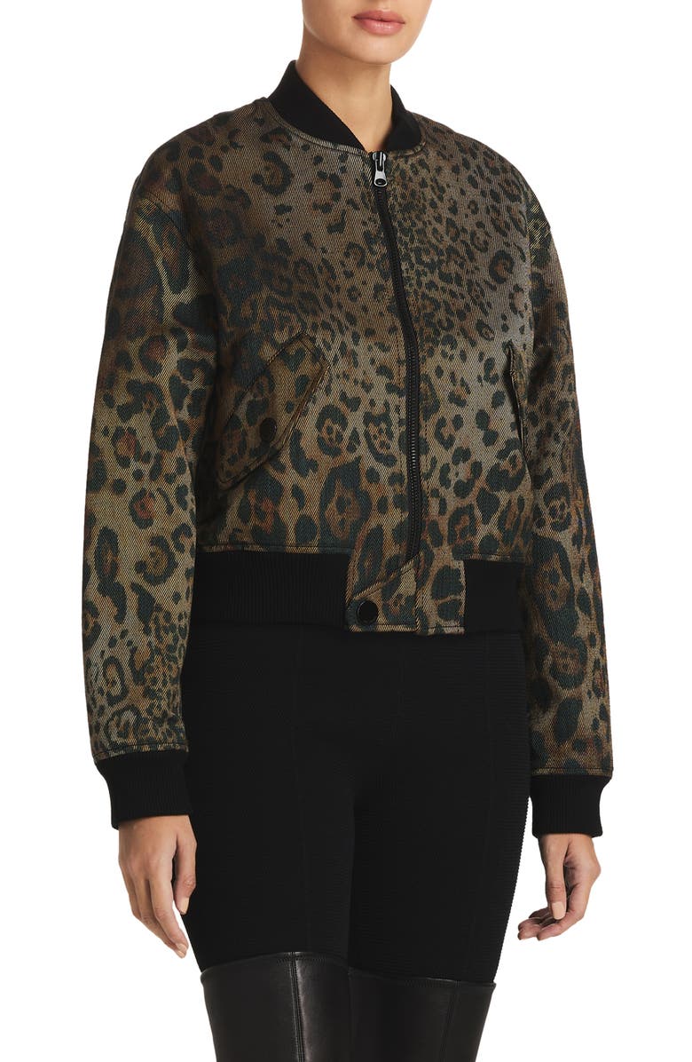 St. John Collection Leopard Print Cotton Blend Twill Bomber Jacket, Main, color, 