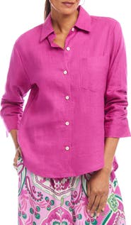 Karen Kane Ruched Sleeve Linen Button-Up Shirt