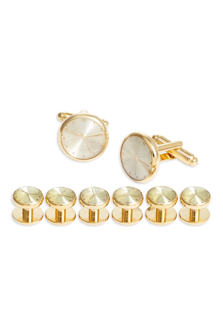 Clock Cuff Link & Stud Set, Main, color, GOLD
