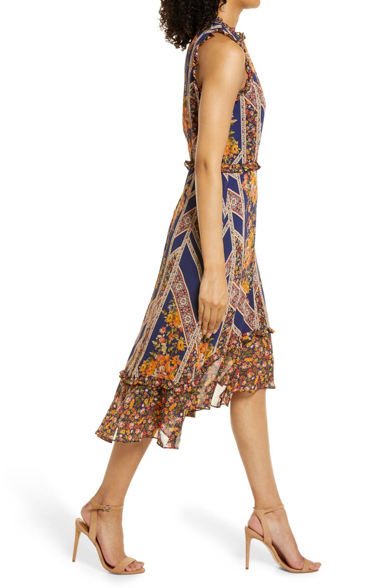 Floral Scarf Print Ruffle Detail A-Line Dress, Alternate, color, NAVY MULTI
