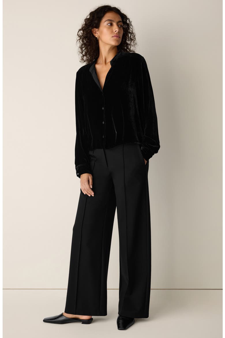 Mandarin Collar Velvet Button-Up Shirt, Alternate, color, BLACK