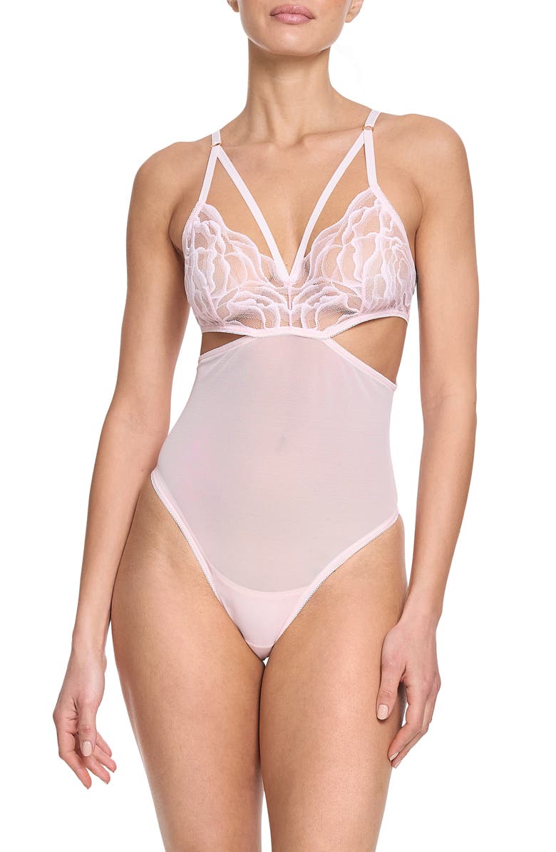 Hanky Panky Strappy Cutout Mesh & Lace Teddy, Main, color, Vie En Rose Pink