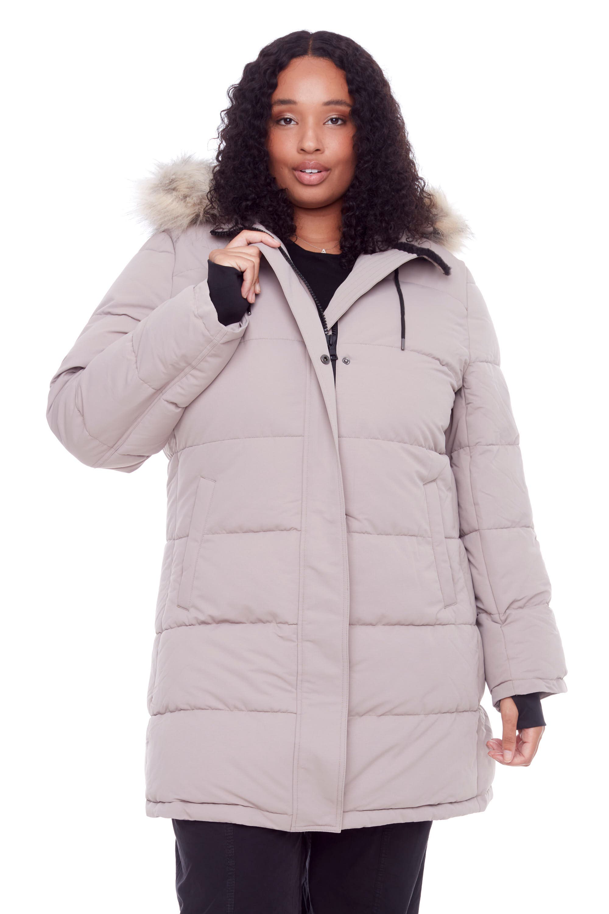 Alpine North AULAVIK PLUS SIZE - Vegan Down Mid-length Hooded Parka Coat in Light Taupe 