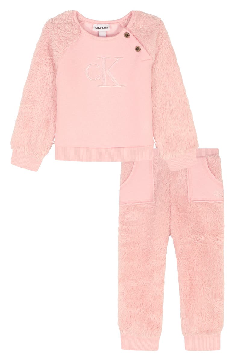 Calvin Klein Faux Fur Pullover & Joggers Set, Main, color, Pink