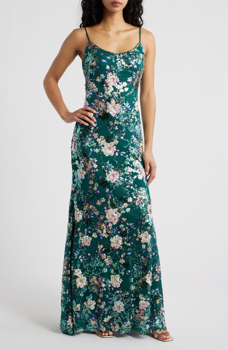 Emerald Sundae Floral Sequin Gown, Main, color, Green / Multi