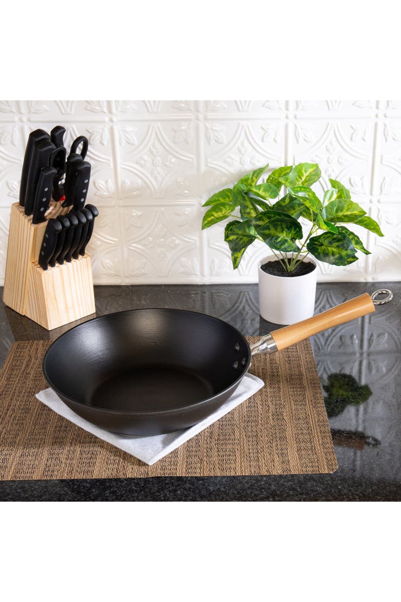 Preseasoned Cast Iron Stir Fry Pan with Maple Handle, 11.5-Inch, Alternate, color, Black