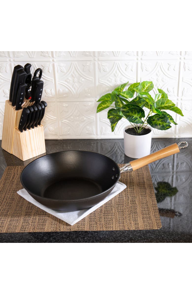 JOYCE CHEN Preseasoned Cast Iron Stir Fry Pan with Maple Handle, 11.5-Inch, Alternate, color, Black